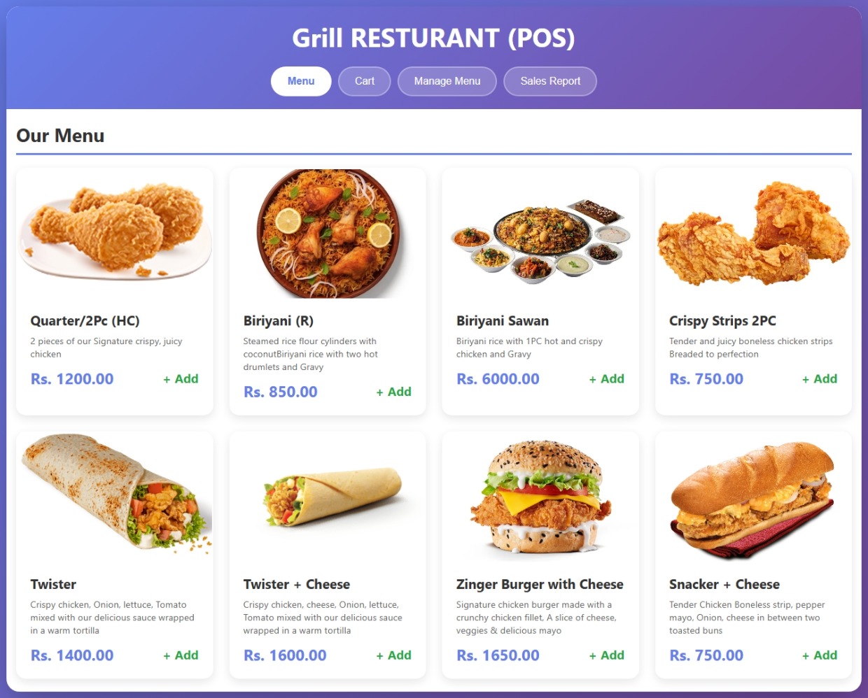 Grill Restaurant POS system built by WebFox — order tracking and menu management dashboard